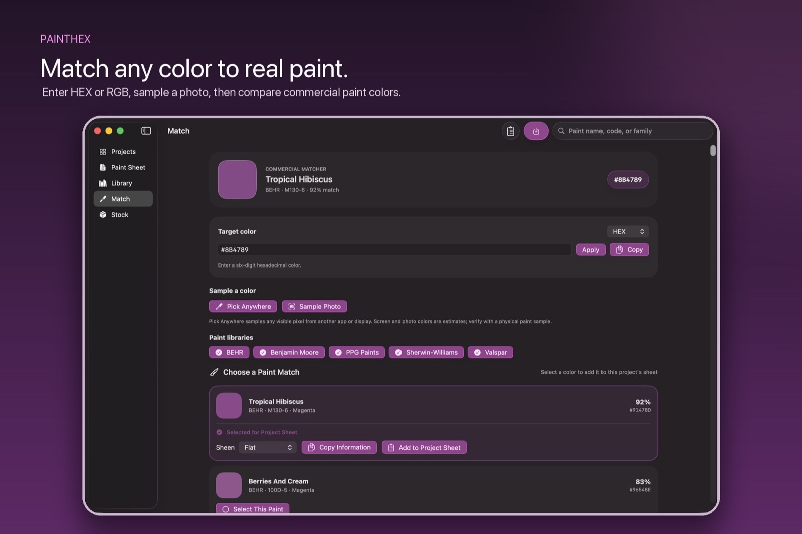 PaintHex commercial color matcher on Mac comparing a sampled color against manufacturer paint libraries