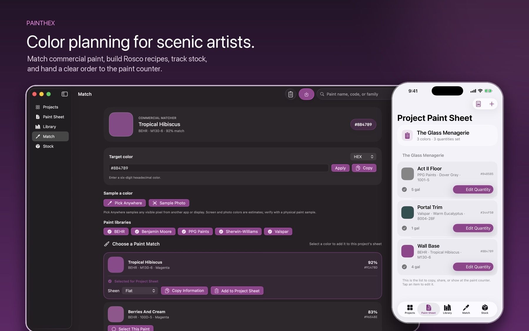 PaintHex on Mac and iPhone, showing a commercial paint match and a project paint sheet
