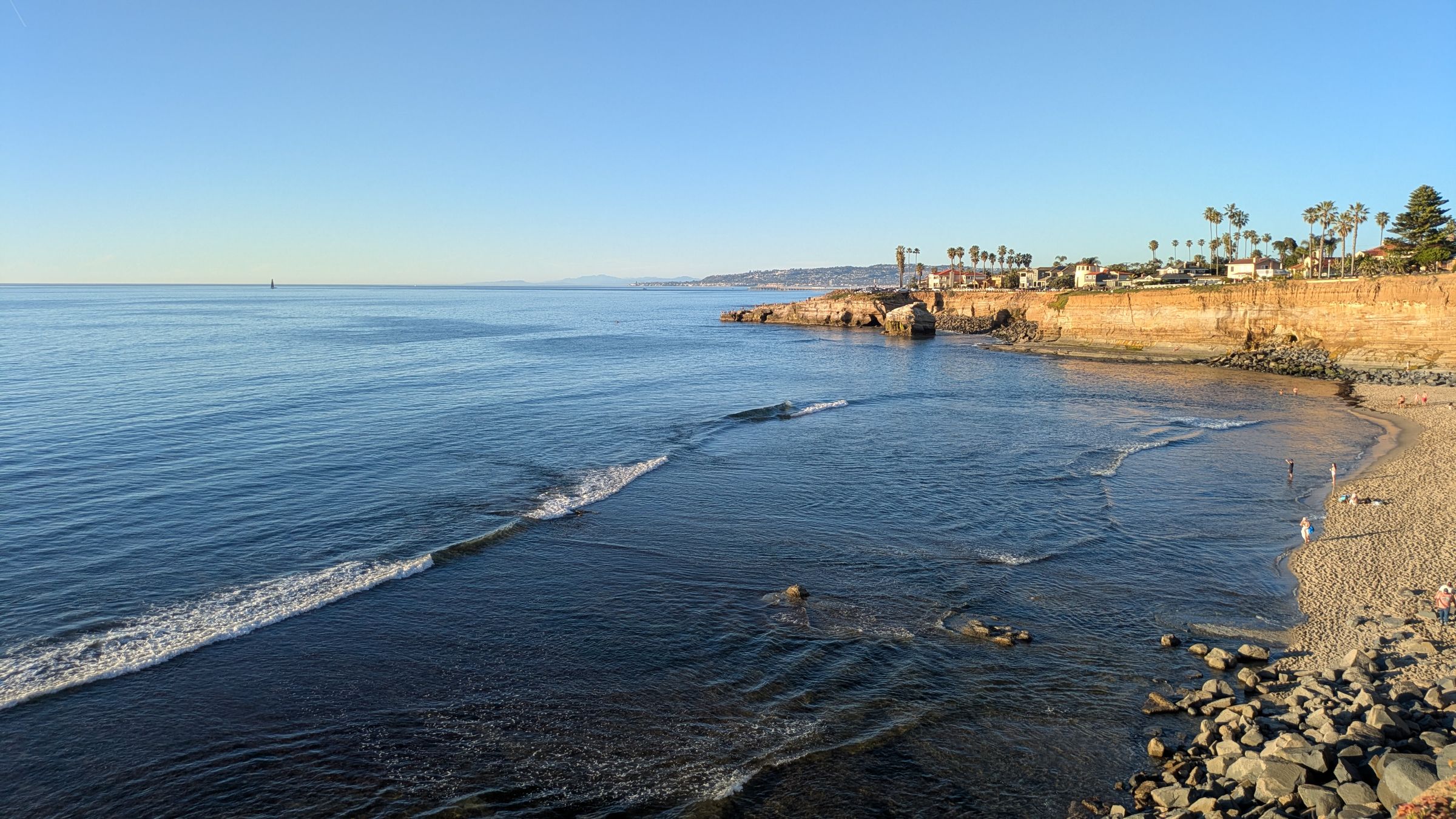 Pacific Ocean and coastal cliffs at sunset in Southern California