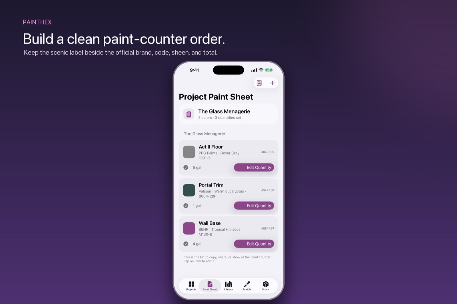 PaintHex project paint sheet on iPhone with colors, scenic labels, and quantities