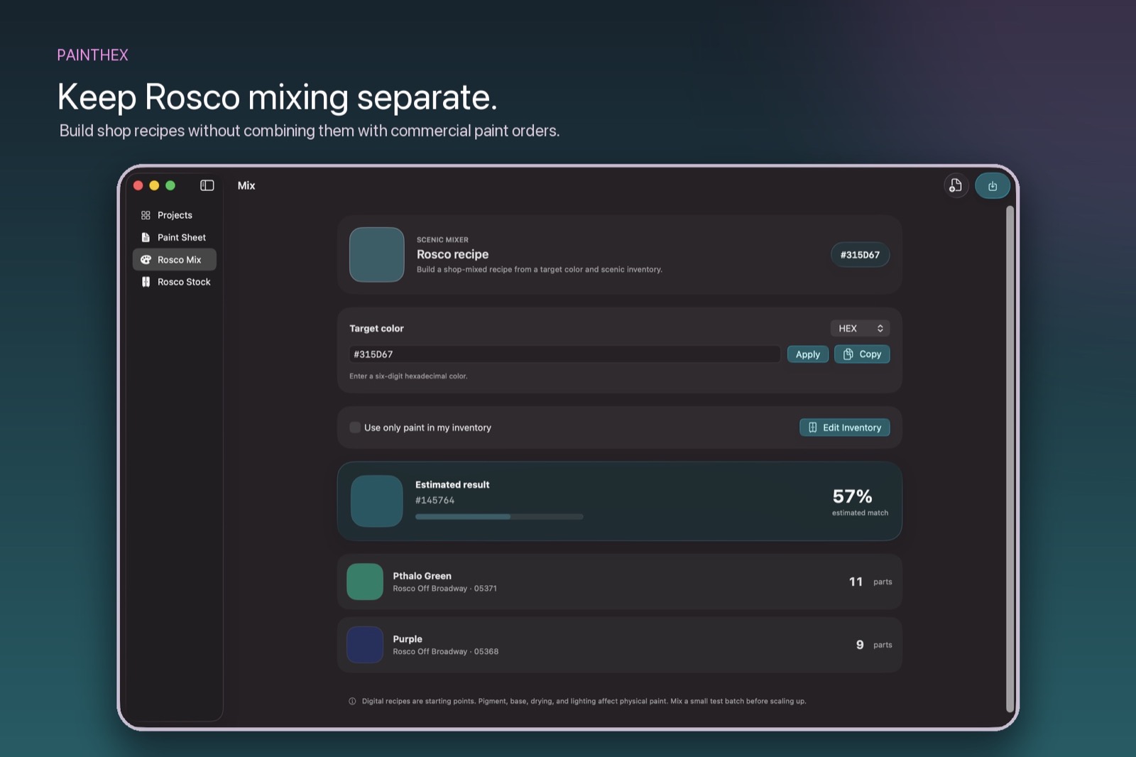 PaintHex Rosco mixing workspace displayed on a MacBook Pro